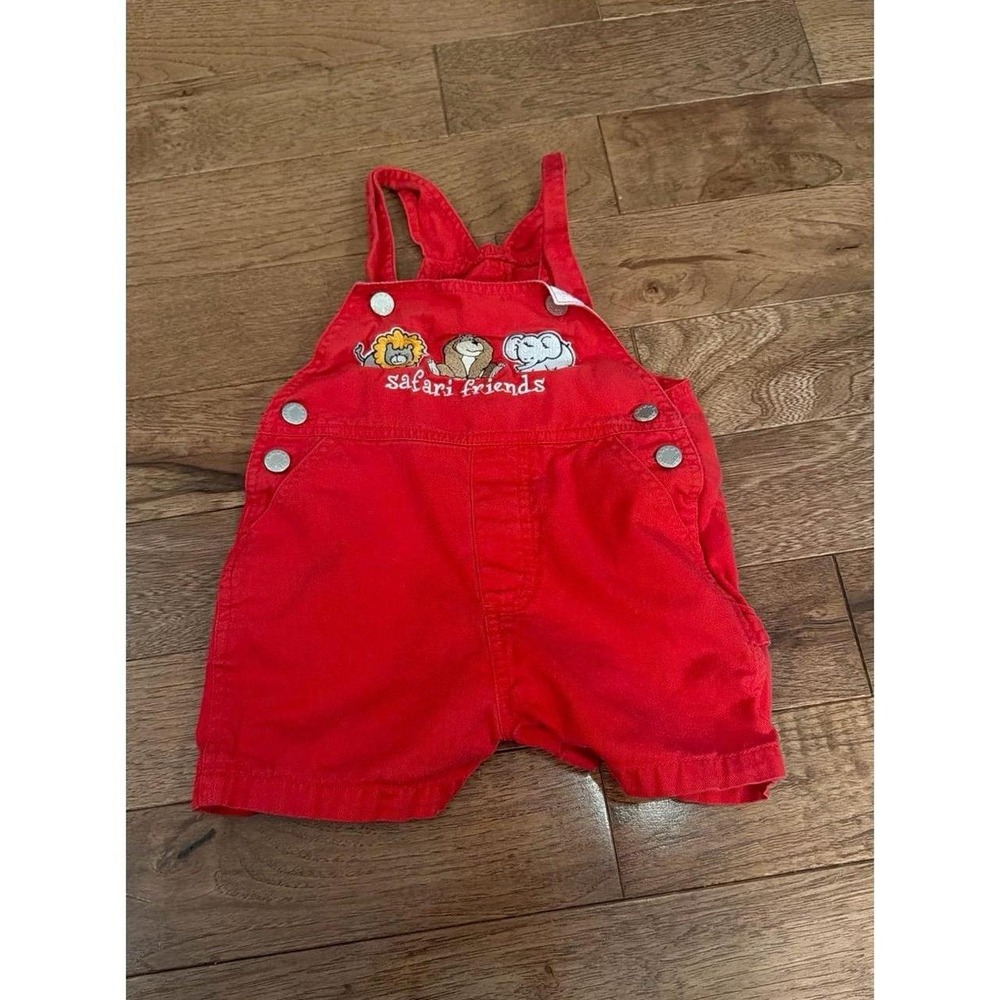 VTG In Design Kids Safari Friends Overalls Shortalls Red Infant Size 18 Months